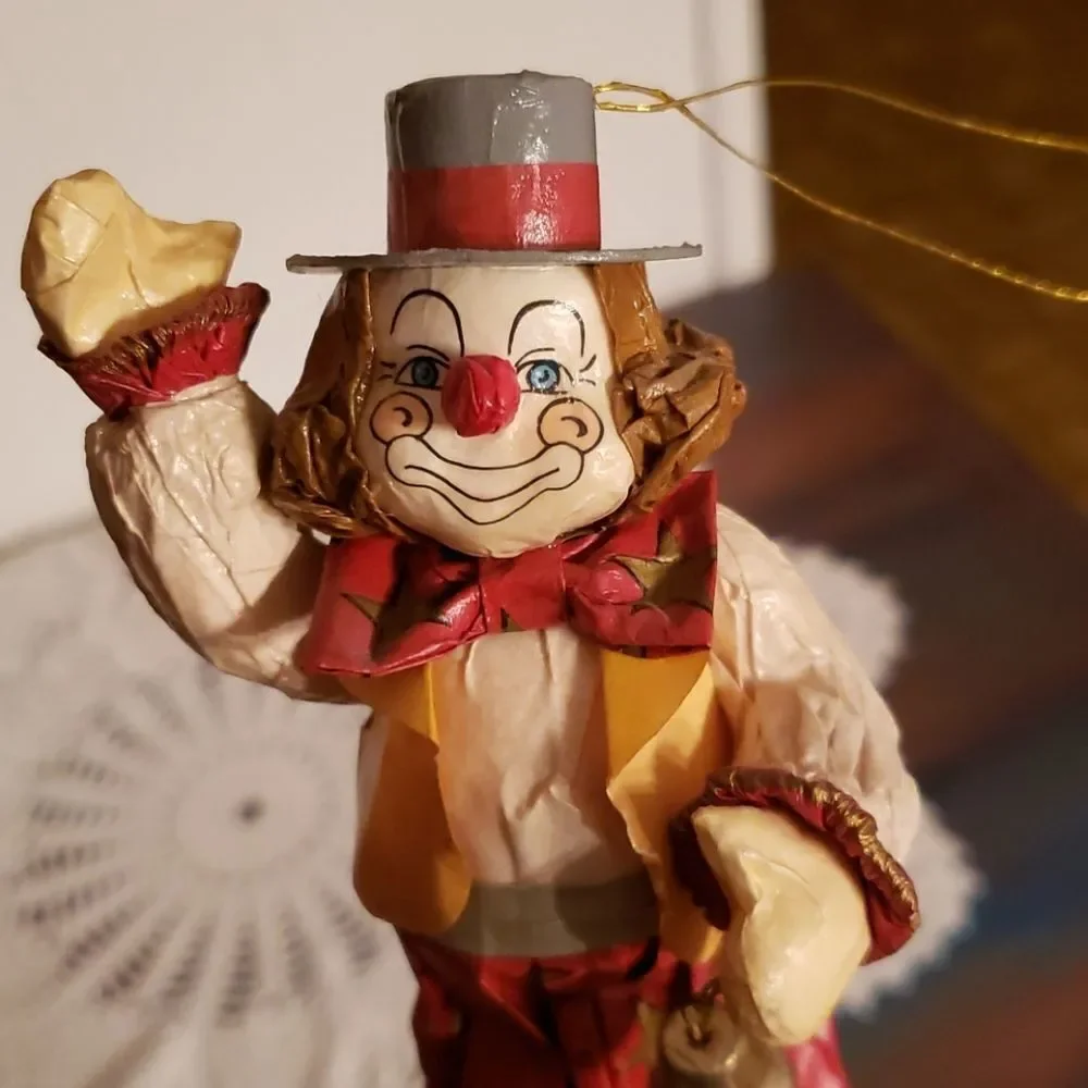 Unique Vintage Paper Mache Clown Ornament w/Bell